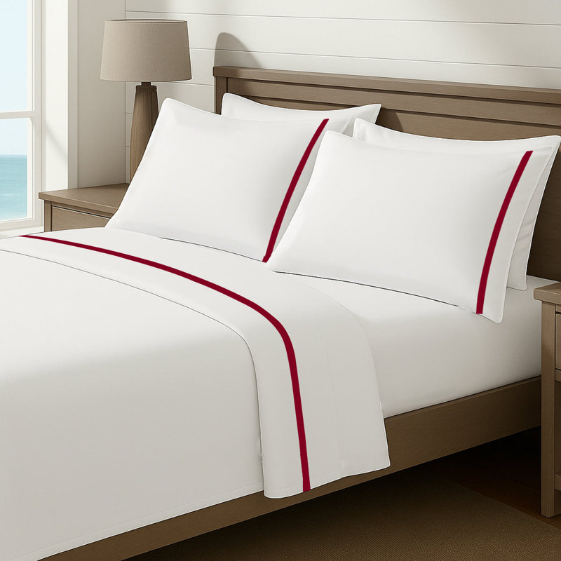 Luxury Border Cotton Sheet Set, Full Xl Fitted Sheet, Burgundy/White