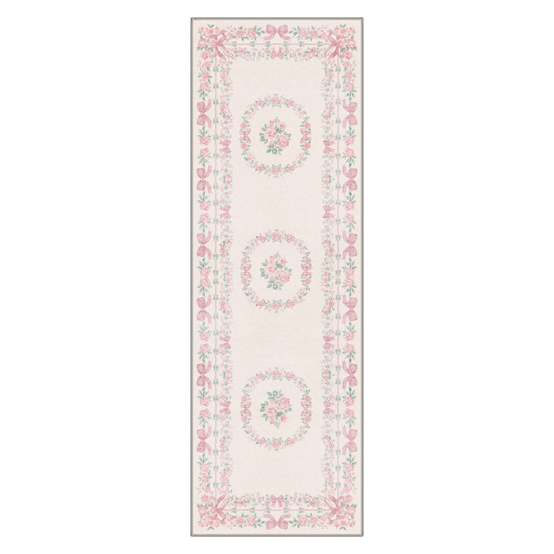 Atascadero Romantic Vintage Floral & Bow Border Area Rug, Machine Washable, Inspired Faux Wool - High-Rebound Foam & Non-Slip Backing