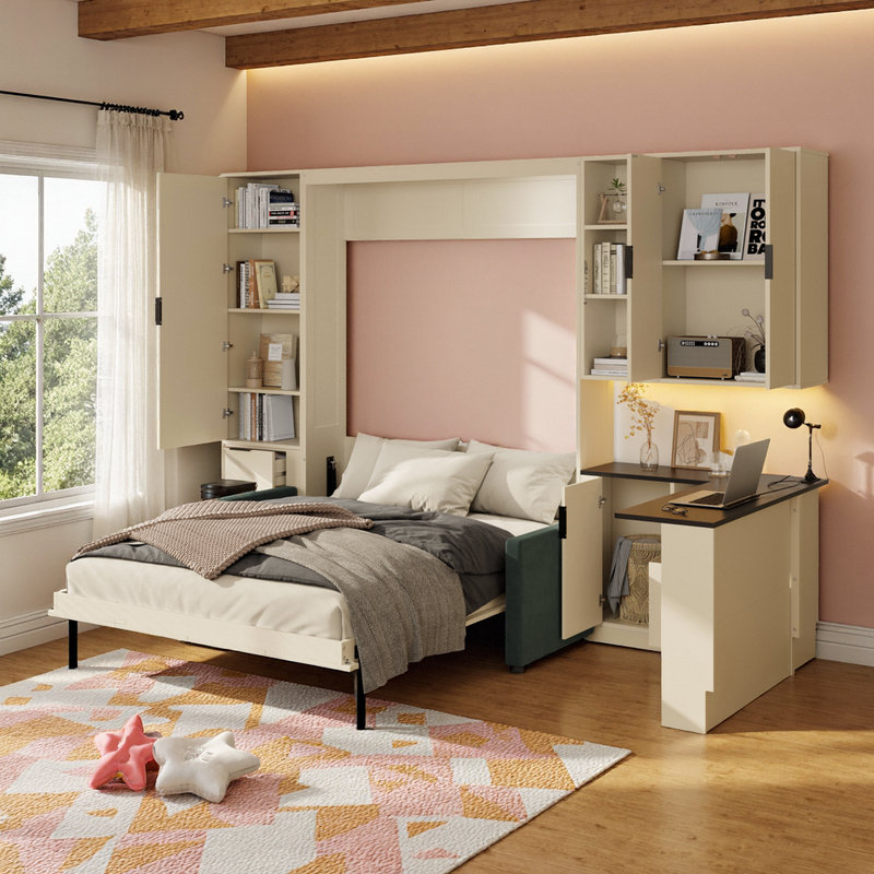 Grand lit escamotable hydraulique avec canapé et bureau intégrés, Beige