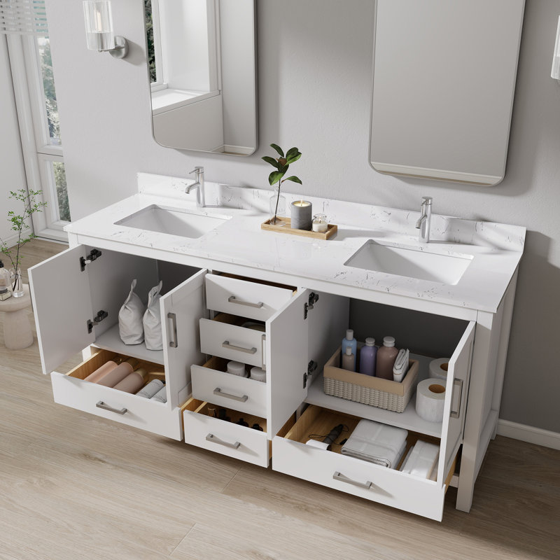 Meuble-lavabo double autoportant 72 po avec plateau en marbre de culture 72 po