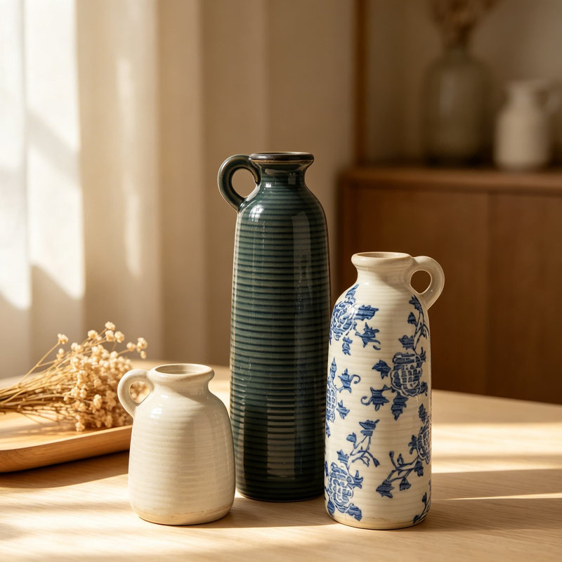 Ensemble de 3 vases en céramique avec poignées, décor bohème neutre rustique moderne blanc-bleu, polyvalent comme centre de table ou manteau de cheminée et tablette, idée cadeau unique
