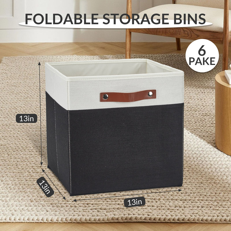 Linen Storage Bins 6-Pack, Foldable Open Bins with Leather Handles, Black, 13x6x5 Inches, Black/White