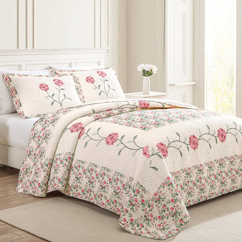 Full Rose Embroidered Floral Polyester Bedspread Set