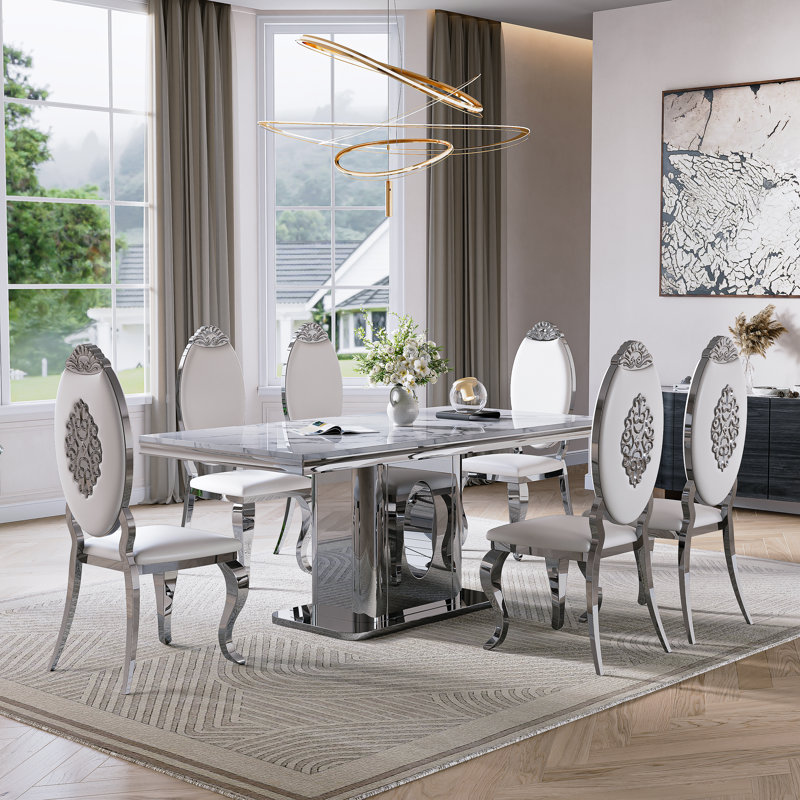 Faux Marble Top Pedestal Dining Set, White/Silver, White/Silver, 7 Pieces: Table, 6 Chairs