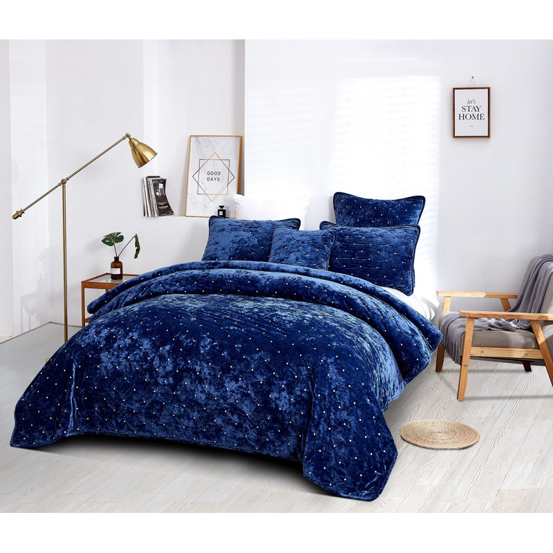 Ensemble de courtepointe Velvety Dreams, Courtepointe très grand + 2 couvre-oreillers stan, Bleu foncé