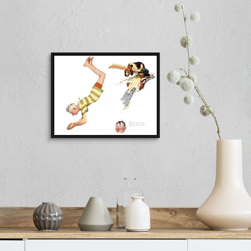 Deux vieux hommes et chien: toile de nage, art mural, H 13 po x l 16 po x P 1,75 po, Cadre flottant noir