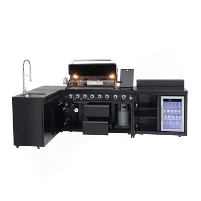 6-Burner 99000 BTU Deluxe Stainless Steel Gas Outdoor Kitchen Bar Barbecue Island Grill + Sink With Double-Door Storage Cabinet Bar Counter + Refrigerator + Three-Tier Corner Cabinet