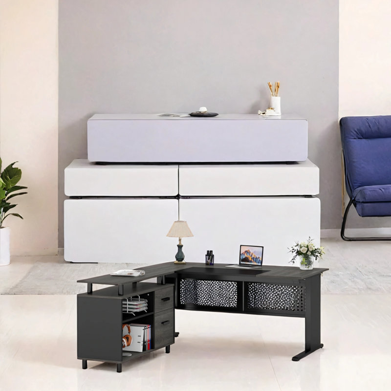 Bureau en L avec classeur, Noir