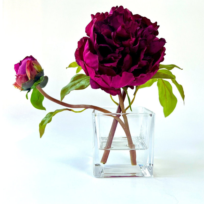 Peony Flower Arrangement in Glass Vase, Fuchsia Pink 
