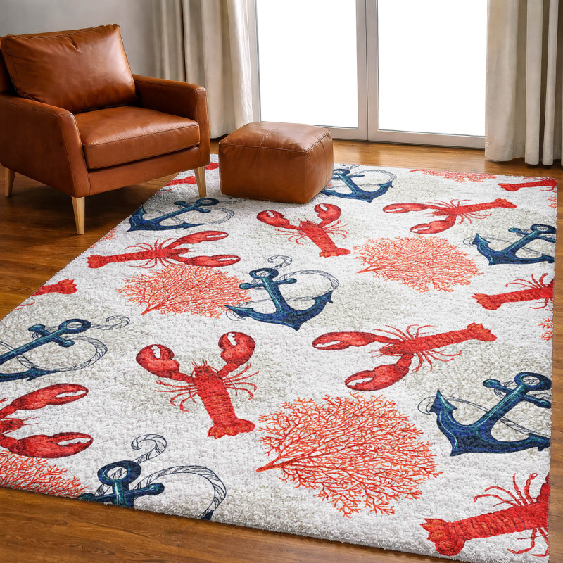 Premium Machine Washable Dream Shag ADS149 Lobster/Anchor Rug, 5' x 7'6"