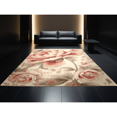 Machine Washable Ottwell Peony French Country Floral Rug in Beige – Beige Binding