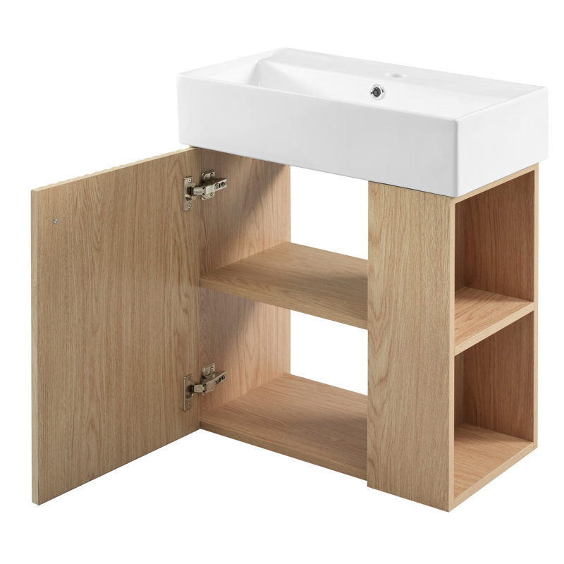 Meuble-lavabo simple mural 21,6 po avec plateau en céramique et partie droite droite 21,6 po, Marron clair, Noir