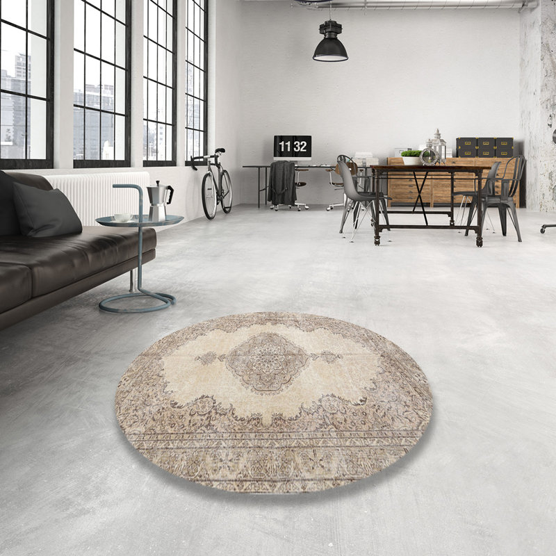 Tapis oriental en laine crème / gris, Rond 8 pi