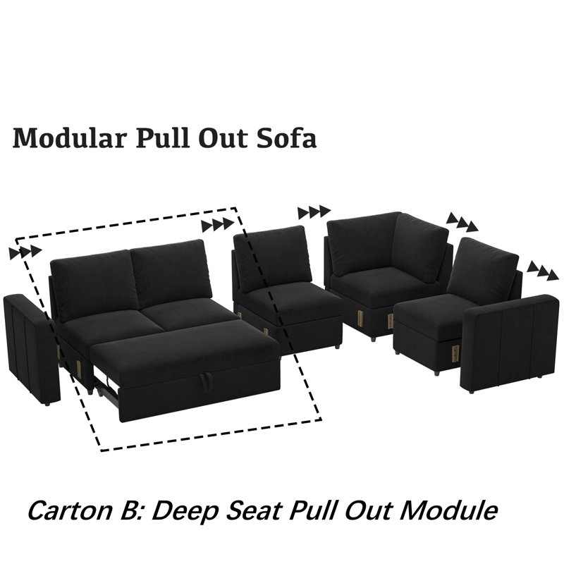 Rafael Armless Pullout Sleeper Sofa Module, Black Velvet
