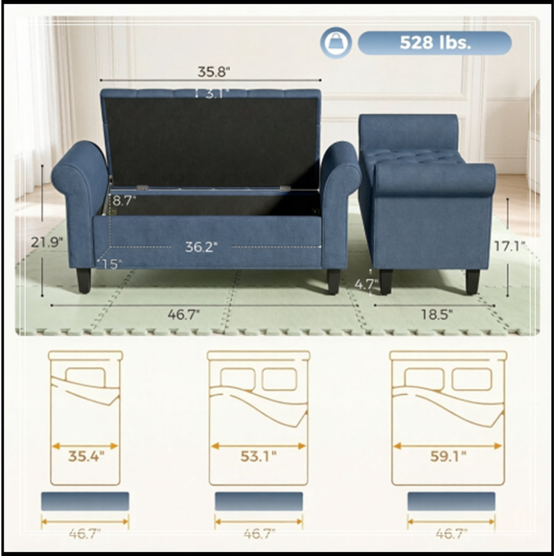 Meuble de rangement capitonné Stéphanie avec accoudoirs roulés, Bleu