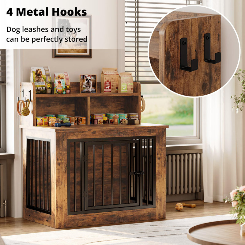 33.4 inches Wooden Small Dog Crate with Storage and 4 Hooks, Small (37.4" H x 33.4" W x 22" D), Brown
