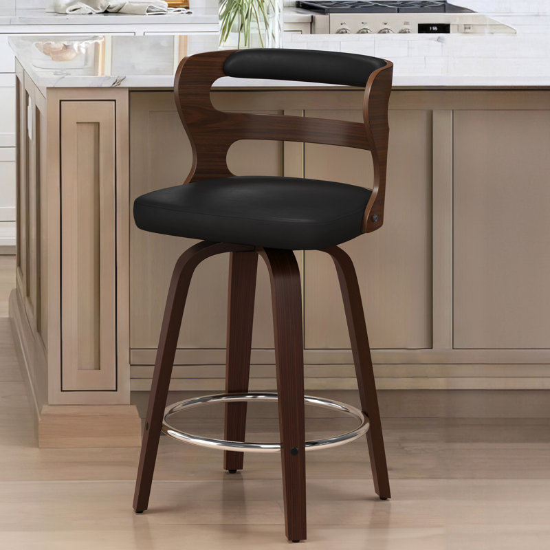 Liahna Swivel Upholstered Bar Stool with Wood Frame , Black/Black