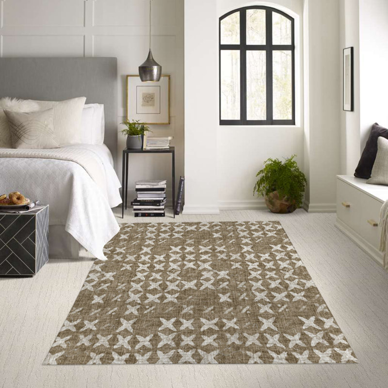 Tapis intérieur / extérieur en polyester tissé à la machine rectangle beige / gris, Rectangle 2 pi x 3 pi
