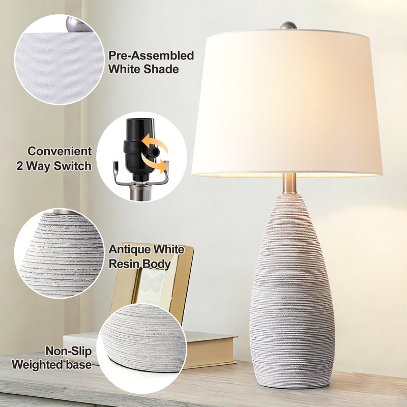 26" Farmhouse Resin white Table Lamp with Pre-Assembled Linen Shade and 3-Way Dimmable