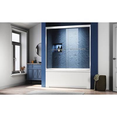 56 à 60 po L X 62 H Porte de baignoire semi-double en verre coulissant, verre trempé transparent épais, 304 poignées en acier inoxydable, rail supérieur épaissi de mise à niveau, solide et rouille, teinté, roulettes intégrées avec