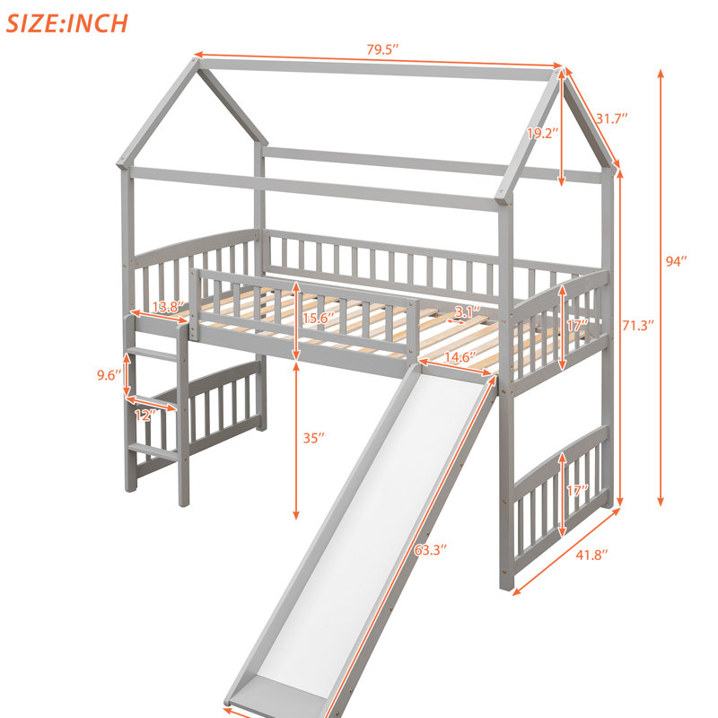 Space Saving Gray Twin Loft Bed With Slide. Playful Design For . Frame Slide, - Build. Entertainment And Practicality Combined