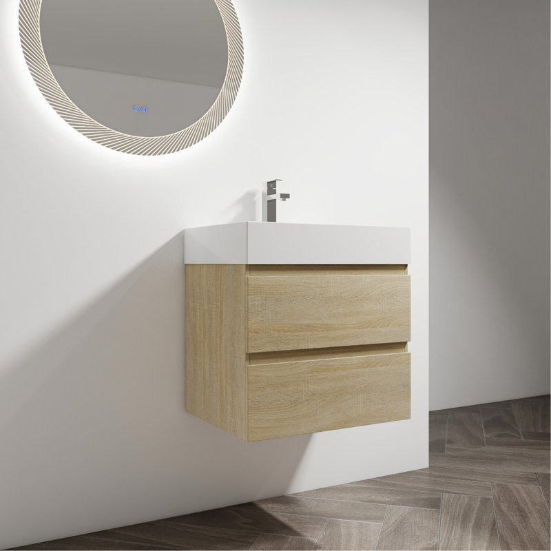 Meuble-lavabo 24 po, lavabo en résine, 2 tiroirs à fermeture en douceur, couleur chêne, magnifique meuble-lavabo moderne avec lavabo et finition à fermeture en douceur, élégance