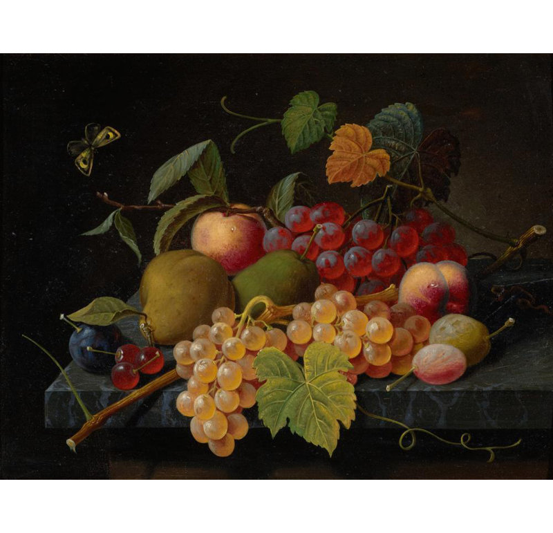 «Fruit Still Life with Moth» par Séverin Roesen, reproduction d'art sur toile tendue avec châssis, H 14 po x l 18 po