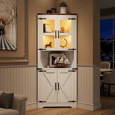 Armoire de rangement de 67 po de hauteur avec lumières, huche de coin Farmhouse avec portes en verre et tablettes pour cuisine