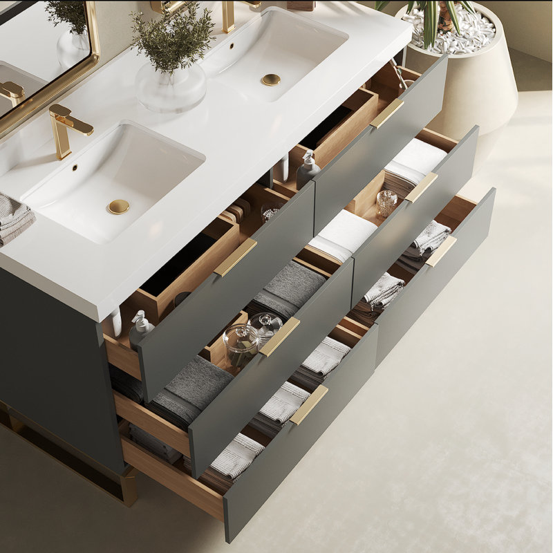 Meuble-lavabo double 60 po avec plateau en quartz Franchinni, gris