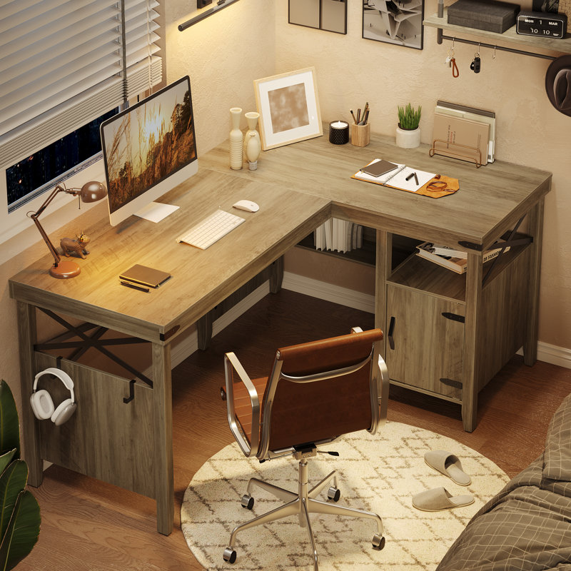 Nedyo 60" Farmhouse L Shaped Executive Desk with Storage Cabinet, Wood Home Office Desk with Headphone Hook