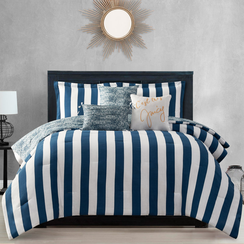 Juicy Couture Cabana Stripe Comforter Sets, King Comforter + 2 Shams + 3 Throw Pillows, Black/Hot Pink