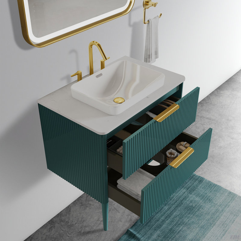 Meuble-lavabo 30 po rayé aigue-marine avec lavabo en céramique pré-assemblé, Turquoise / bleu