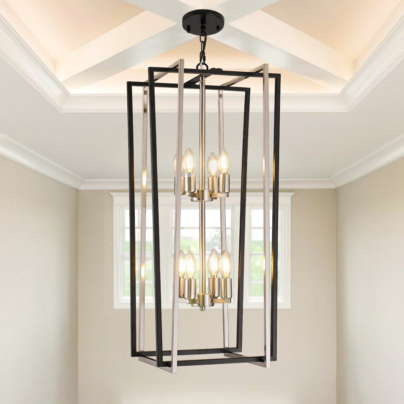 8 - Light Dimmable Lantern Geometric Chandelier, Black/Silver