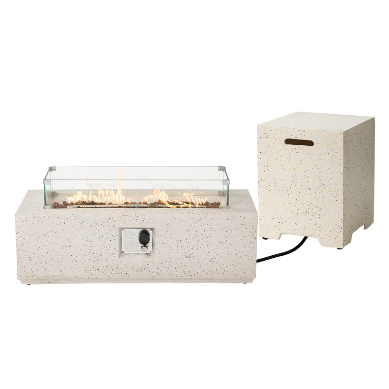 Laice Orren Ellis 50000 BTU Rectangle Concrete Propane Outdoor Fire Pit Table With Wind Guard, Tank Cover