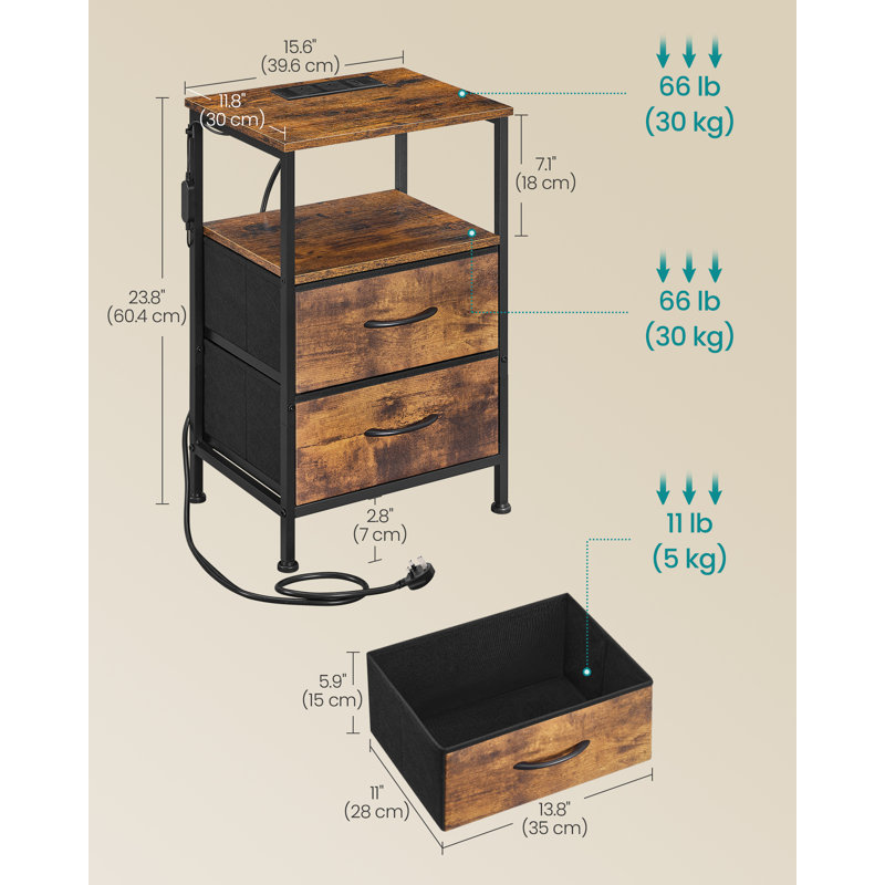 30cm W Steel Bedside Table, Brown/Black