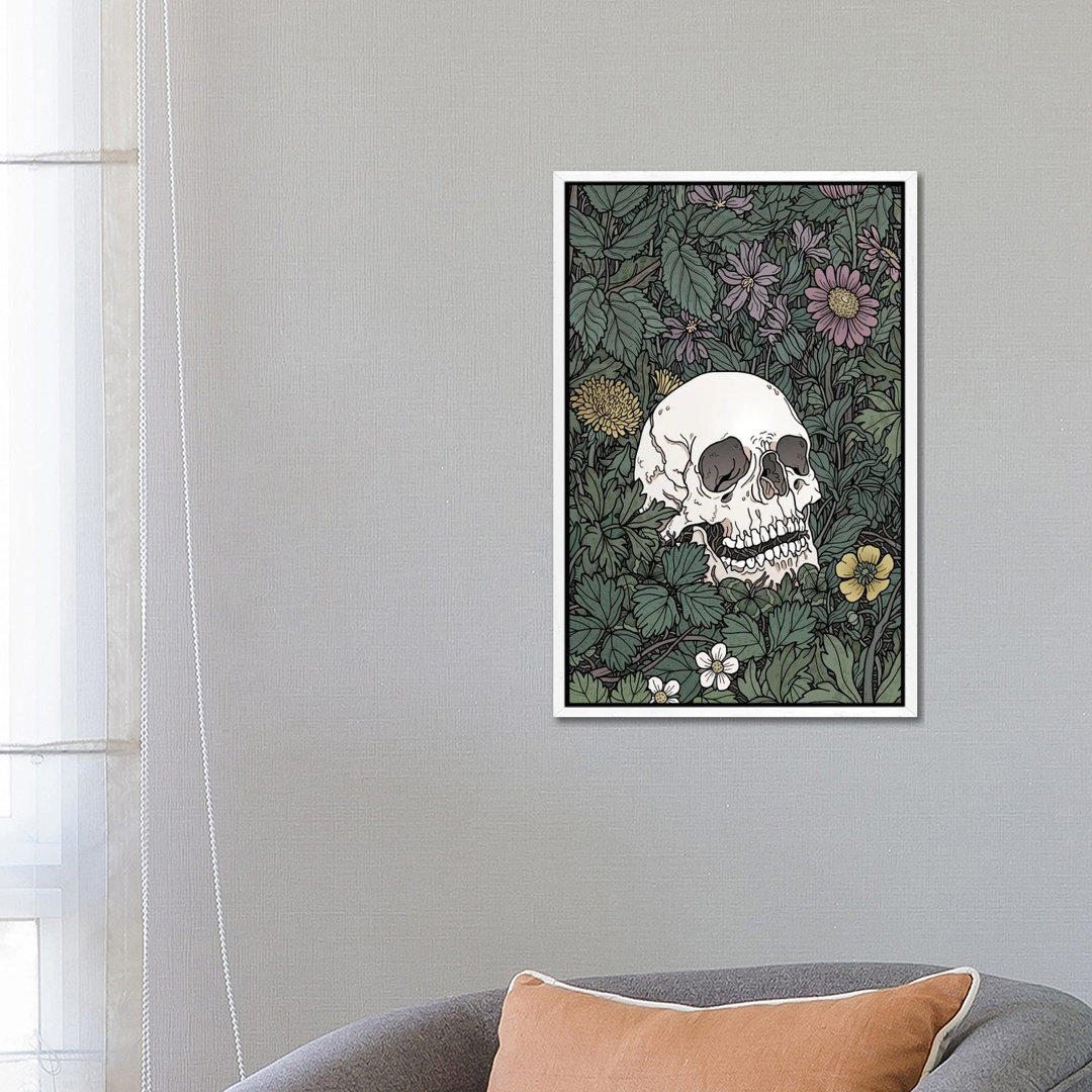 Schädel und Blumen von Tiina Menzel - Galerie-umwickelte Leinwand Giclée auf Leinwand