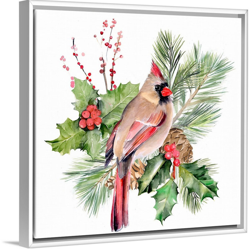 «Cardinal Holly Christmas II» par Jennifer Paxton Parker - reproduction d'art sur toile, H 32 po x l 32 po x P 1,75 po