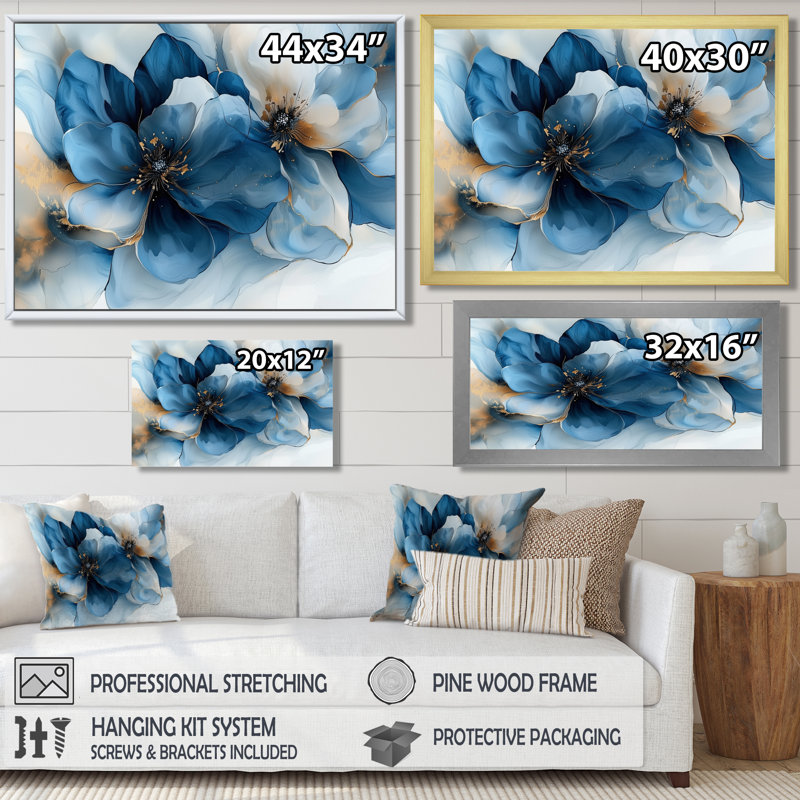 Velours blanc, bleu, chrysanthèmes, rivière à encre I - art mural Apple Blossom, H 30 po x l 40 po, Toile tendue sur cadre