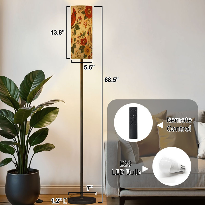Lampe sur pied Vintage Cardinal Bird Floral Tons terreux à intensité variable moderne avec télécommande et pédale abat-jour abat-jour haut Pole pour salon chambre bureau
