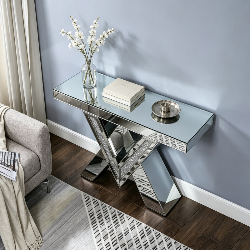 Console miroir en forme de V de 47 pouces avec incrustations de faux diamants, table d'appoint glamour