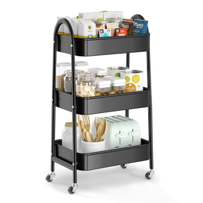3 Tier Utility Rolling Cart, Metal Storage Cart with Handle and Lockable Wheels, Multifunctional Storage Organizer Trolley with Mesh Baskets for Kitchen, Living Room, Office, Garage (Black)
