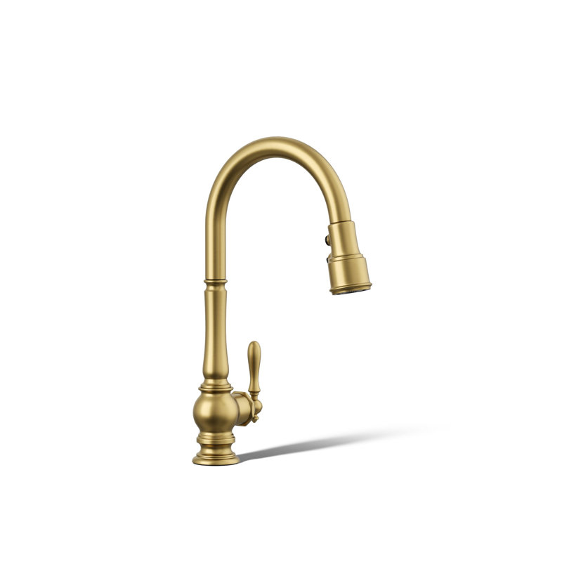 Artifacts® Pull Down Single Handle Kitchen Faucet, Vibrant Brushed Moderne Brass