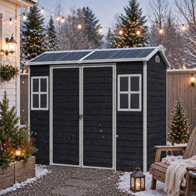 Abri de jardin de 2,4 m x 1,2 m avec deux fenêtres et une double porte, en plastique avec plancher, idéal pour le jardin, la terrasse, la cour ou la pelouse. Couleur : noir.
