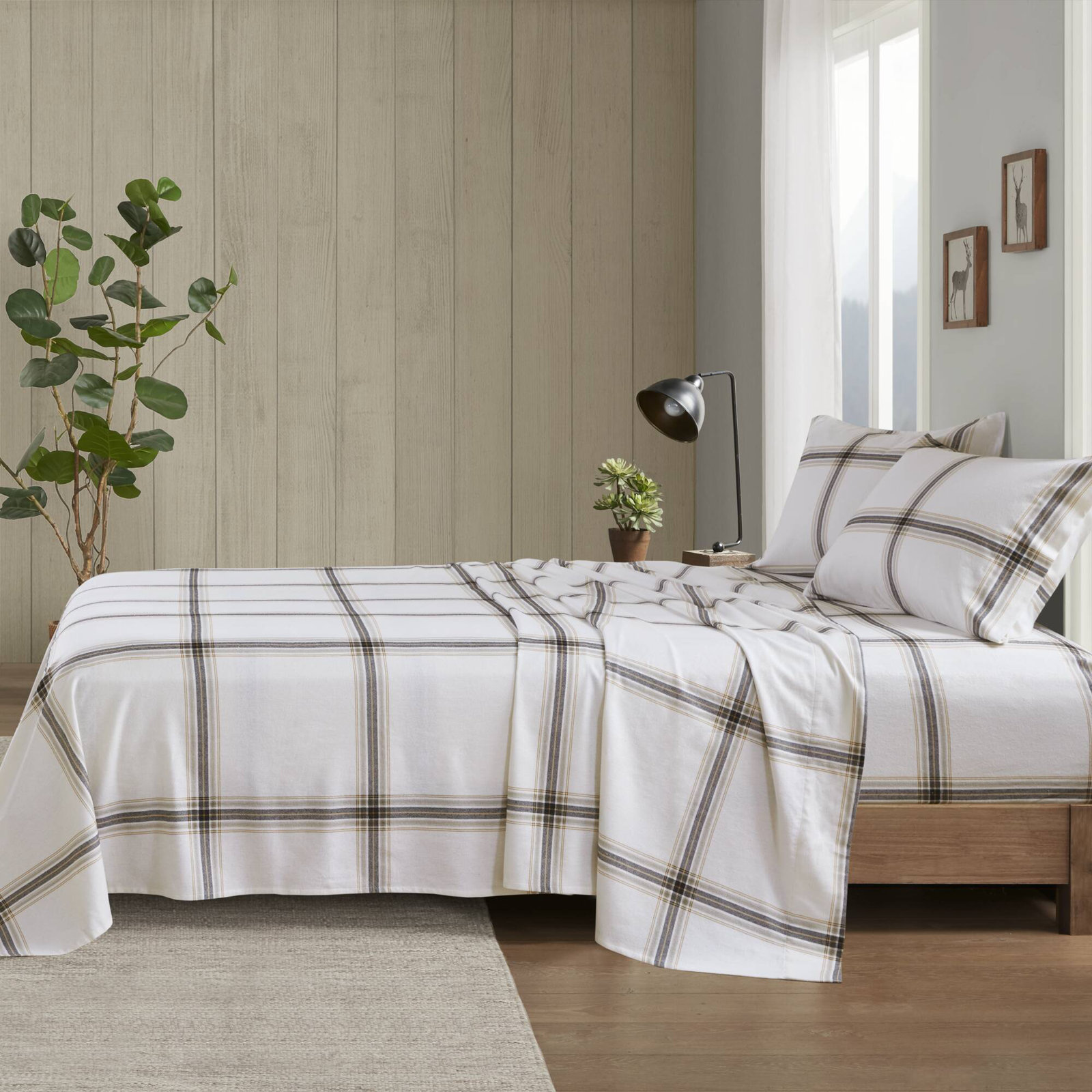 Woolrich 100% Cotton Flannel Sheet Set, California King Sheet Set with 2 Pillowcases, Tan Plaid