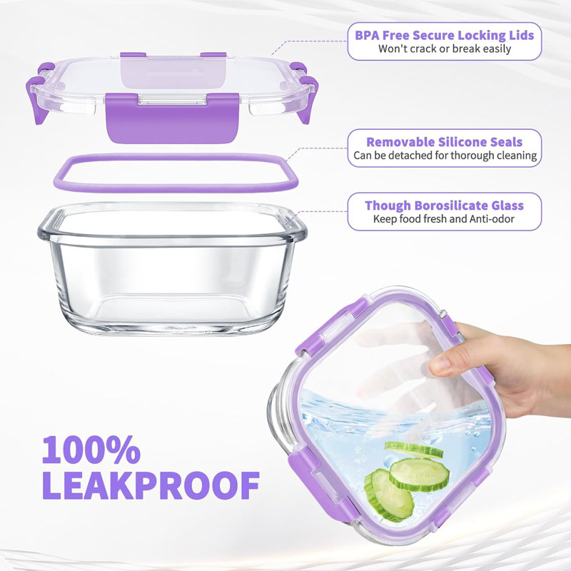 34-Piece Clear Glass Food Storage Containers with Purple Lids