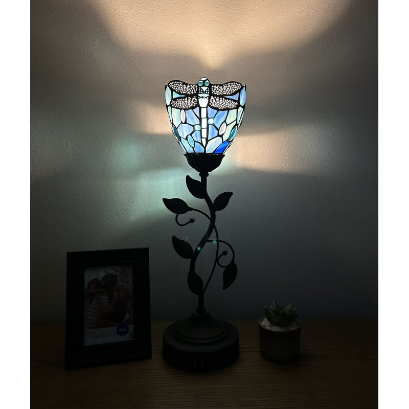 Simonetti Tiffany Torch Table Lamp Dragonfly Blue Stained Glass Included LED Bulb USB Ports 6"W*6"D*20"H, Blue