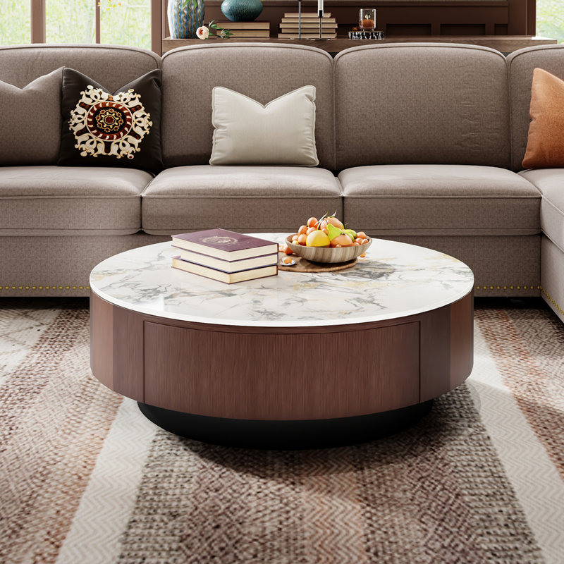 35.4" Faux Marble White and Brown Wood Round Coffee Table with Drawers for Living Room