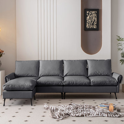 104.5" L-Shaped Couch With Convertible , Waterproof Leather, Dark Grey Versatile And Water- Technical Leather In