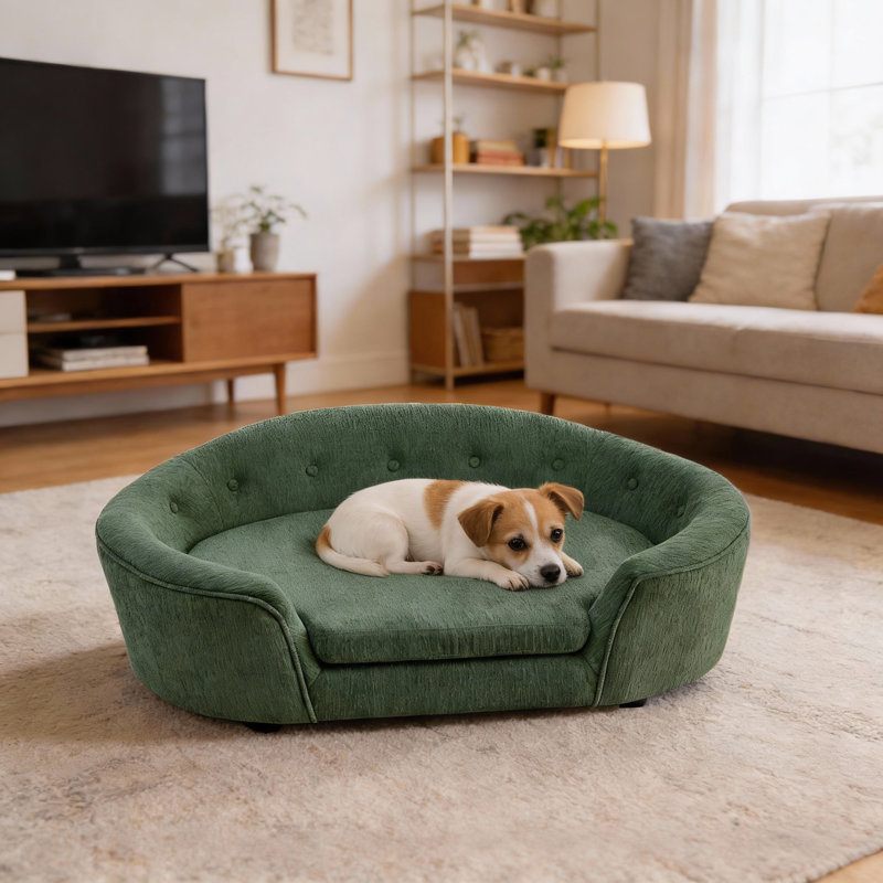 Canapé-lit en lin pour chien avec dossier capitonné, Vert olive