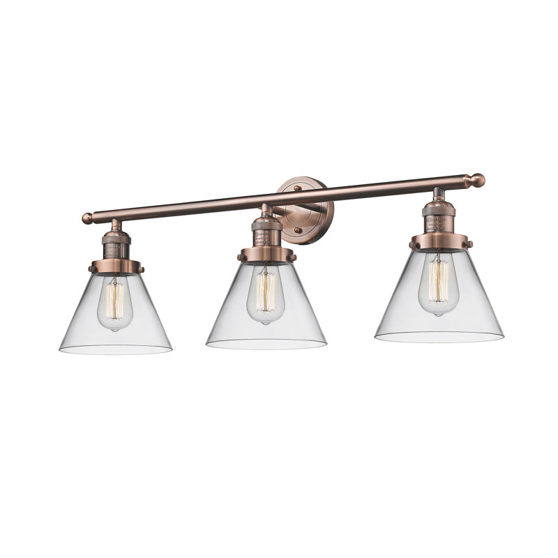 Cone 3 Light Bath Vanity Light, Matte White Cased, 11" H x 32" W, Antique Copper